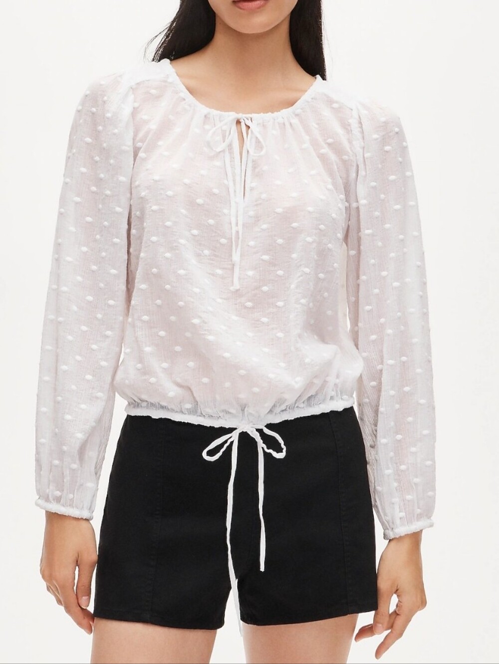 J. Crew White Swiss-Dot Peasant Tie-Neck Blouse Size M NEW